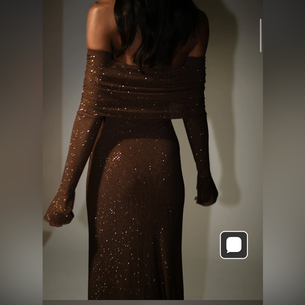 Meshki Off-Shoulder Diamanté Sparkling Brown Maxi Dress - Picture 2 of 5